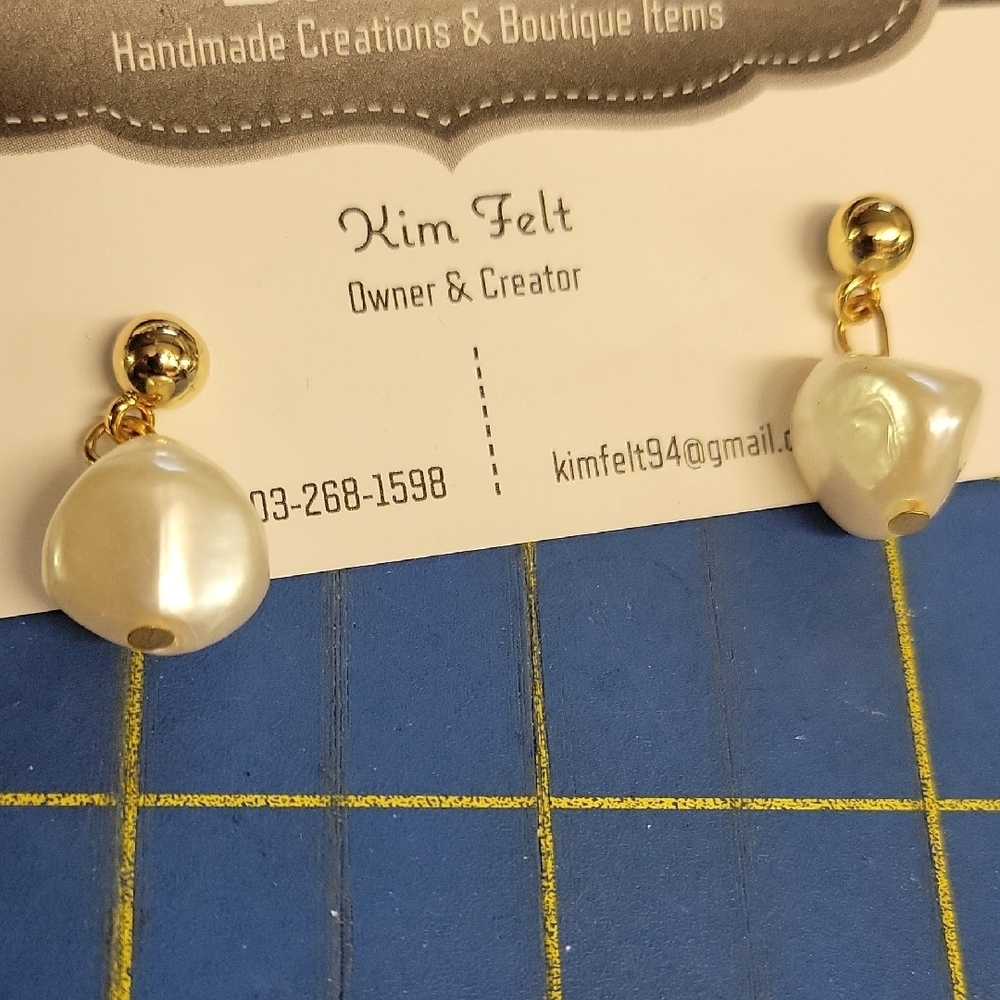 Gold Tone White Pearl Earrings